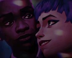 two people are looking into the distance with their eyes wide open and one person has purple hair