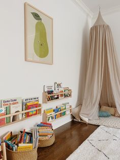 a child's room with bookshelves, toys and a hammock