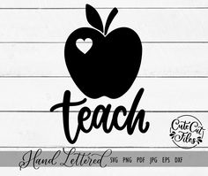 an apple with the word teach on it is in front of a white background and black lettering