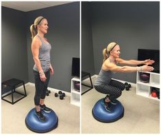 a woman doing squats on an exercise ball