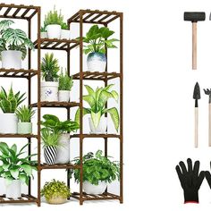 a wooden shelf filled with lots of potted plants