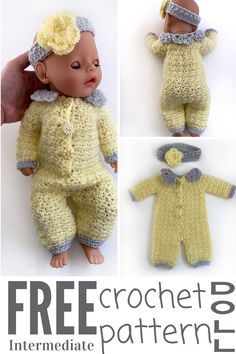 the crochet baby doll is wearing a yellow outfit and hat with flowers on it