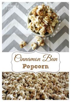 cinnamon bun popcorn in a white bowl on top of a chevron table cloth with the title above it