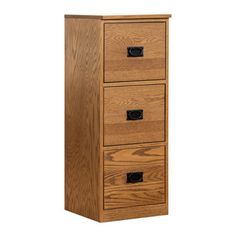 three drawer filing cabinet with black handles and drawers on the bottom, in oak finish