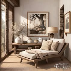 a living room scene with focus on the chaise - lounge chair and painting in the background