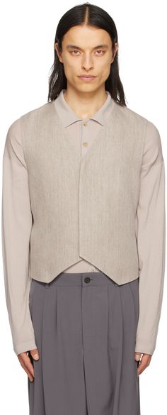 Linen- and cashmere-blend herringbone vest. · Concealed button closure · Full silk satin lining · Horn hardware Supplier color: Sepia Herringbone Vest, Outerwear Vest, Curator Style, Silk Satin, Mens Coats, Herringbone, Horn, Apparel Accessories, Cashmere