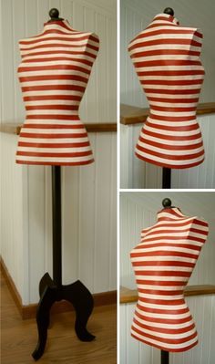 four different views of a mannequin made out of red and white striped fabric