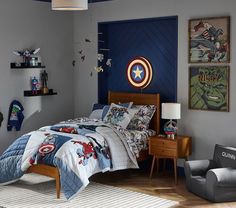 Marvel Heritage Glow-in-the-Dark Sheet Set | Pottery Barn Kids Avengers Kids Room, Captain America Decor, Captain America Decorations, Kids Wall Shelf, Kids Wall Shelves, Photo Ledge, Kids Sheets, Superhero Room, Pop Color