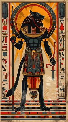 The image depicts the Egyptian god Anubis, lord of the dead. Egyptian Anubis Art, Egyptian Gods Wallpaper, Egyptian Gods Art, Anubis Aesthetic, Crook And Flail, Egyptian Jackal, Black Jackal, Anubis God, Egyptian Artwork