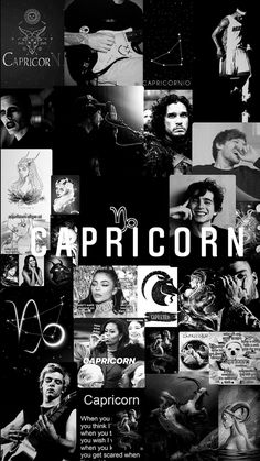 the poster for capricorn is shown in black and white, with images of people