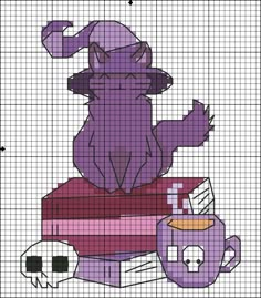 a cross stitch pattern with an image of a purple dog sitting on top of a stack of books