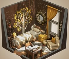 a room with a bed, chair, table and mirror on the wall is shown