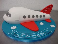 a birthday cake shaped like an airplane