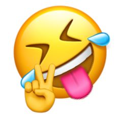 an emoticive smiley face making the peace sign with its hand and tongue sticking out