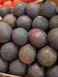 a pile of avocados sitting next to tomatoes and oranges in a basket