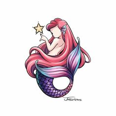 a drawing of a mermaid with pink hair sitting on top of a star shaped object