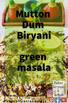 a plate with green masala on it and the words mutton dum biryani