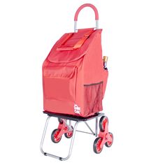 a red shopping cart with wheels and a bag on top