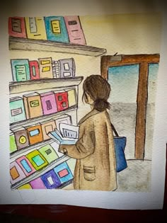 a drawing of a woman standing in front of a book shelf with books on it