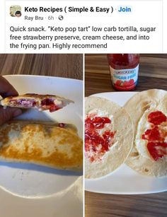 two pictures of food on plates and one has ketchup in the other side