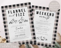 two black and white checkered wedding programs with pine trees in the background on a table