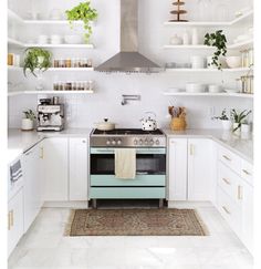 a kitchen with white cabinets and shelves filled with pots, pans, and plants