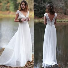 two pictures of a woman in a white dress standing next to a lake and looking at the camera