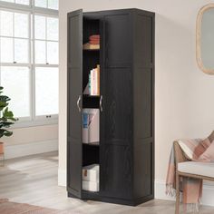 a tall black cabinet in a living room