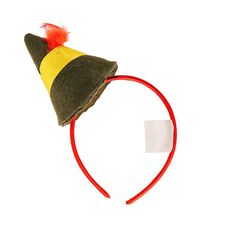 a red headband with a yellow and black hat on it's side, next to a white card