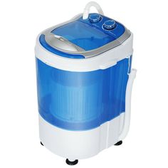 a blue and white portable washing machine on a white background with clippings to the side