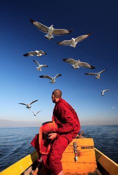 a man sitting in a boat with seagulls flying over him and the ocean