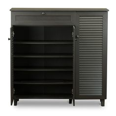 the large black cabinet is open and has two doors on one side, and three shelves on