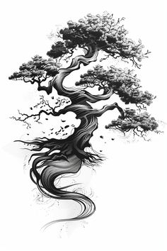 a black and white drawing of a bonsai tree with its branches splaying