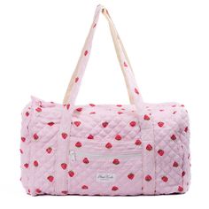 Introducing the Strawberry Large Duffel Bag – a spacious carry-all with a convenient zippable front pocket, designed to make a statement wherever life takes you.    The quilted exterior features a beautiful strawberry-themed pattern, complemented by a classy pink gingham interior.     Perfect for extended trips, weekend getaways, or as a chic gym companion, the Strawberry Large Duffel Bag effortlessly combines fashion and functionality.   Size: 20" x 12" x 11" Brandy Duffle Bag, Coquette Duffle Bag, Weekender Bag Aesthetic, Duffel Bag Aesthetic, Cute Duffel Bags, Rush Bag, Cute Pink Bag, Gingham Interior, Chic Gym