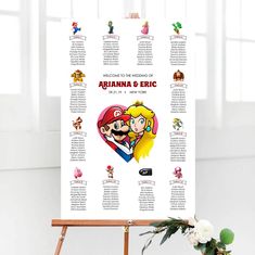 a poster with an image of mario and luigi on it next to a flower pot