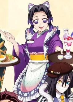 some anime characters are holding plates with food on them