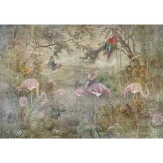 a painting with flamingos and other animals in the background