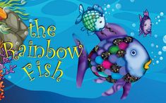 the rainbow fish is swimming in the ocean with other colorful fish around it and under water