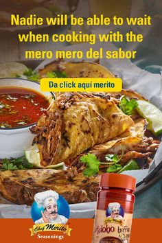 an ad for mexican cuisine with chicken and sauces on the plate, next to it is