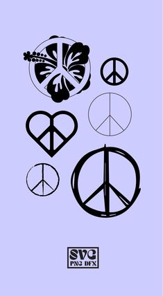 a blue poster with black and white peace symbols on the bottom right hand corner is an image of a butterfly, heart, flower, and tree