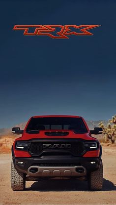 the front end of a red ram truck