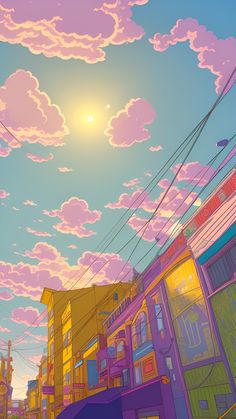 the sun is shining brightly in the sky above some buildings and telephone wires on a city street