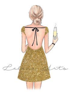 the back of a woman's dress holding a glass of champagne