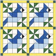 four quilt blocks with blue, green and yellow triangles on them in the same pattern