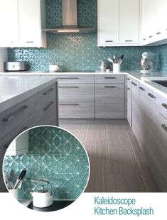 a kitchen with white cabinets and blue backsplash tiles on the wall, along with a teal green tile back splash