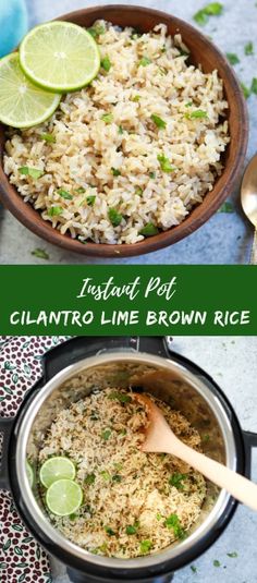 instant pot cilantro lime brown rice in a pan with spoons and lime slices