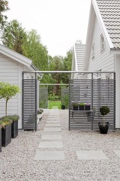 an outdoor garden with potted plants on the ground and a metal gate leading to it