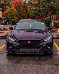 a purple car is parked in a parking lot with trees and bushes behind it on a rainy day