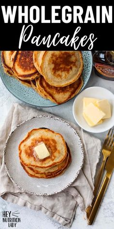 pancakes with butter and syrup are on a plate next to a bowl of butter and a fork