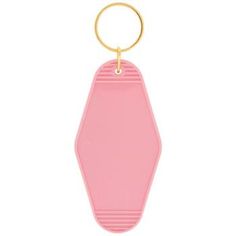 a pink plastic keychain with a gold ring on the front and back of it